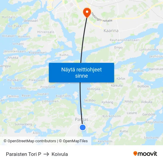 Paraisten Tori P to Koivula map