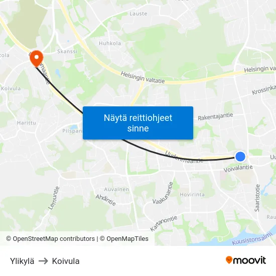 Ylikylä to Koivula map