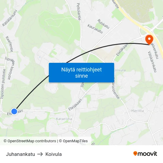 Juhanankatu to Koivula map