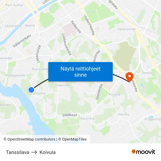 Tanssilava to Koivula map