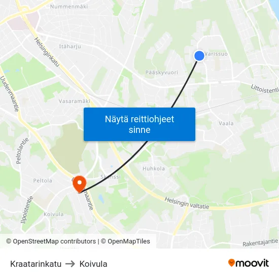 Kraatarinkatu to Koivula map