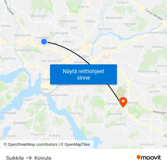 Suikkila to Koivula map