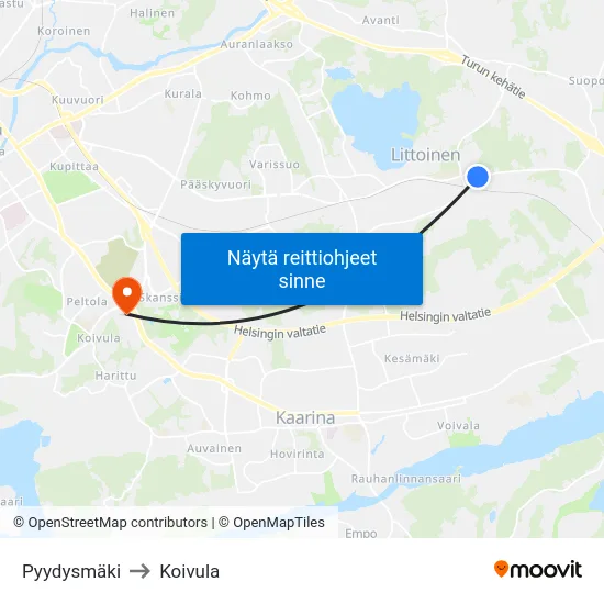 Pyydysmäki to Koivula map