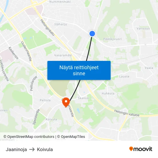 Jaaninoja to Koivula map