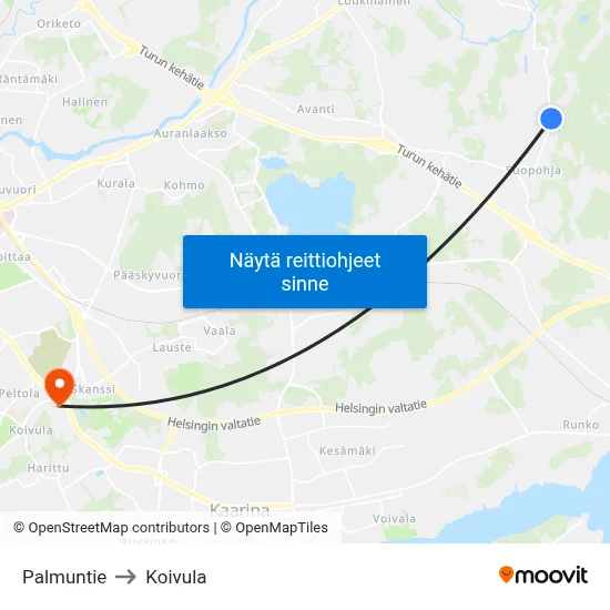 Palmuntie to Koivula map