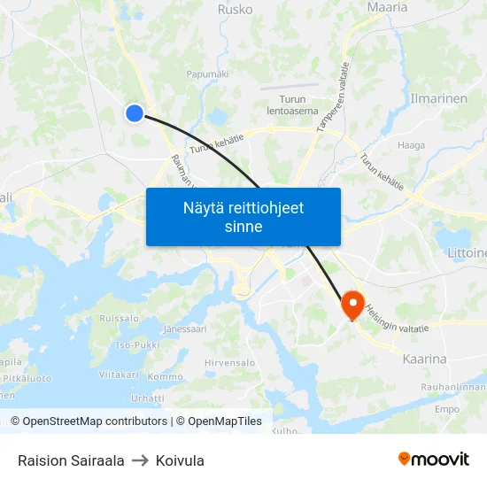 Raision Sairaala to Koivula map