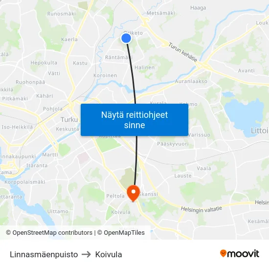 Linnasmäenpuisto to Koivula map