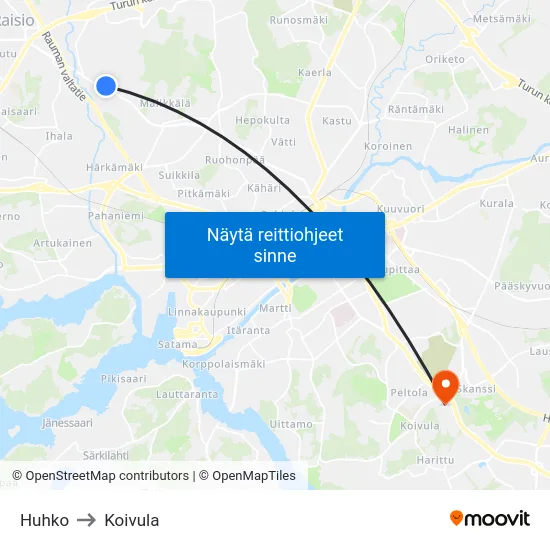 Huhko to Koivula map