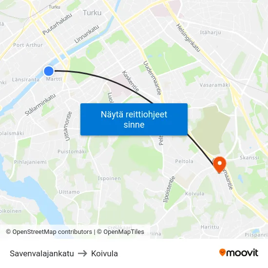 Savenvalajankatu to Koivula map