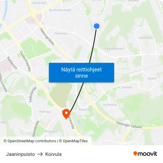 Jaaninpuisto to Koivula map