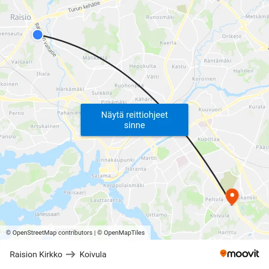 Raision Kirkko to Koivula map