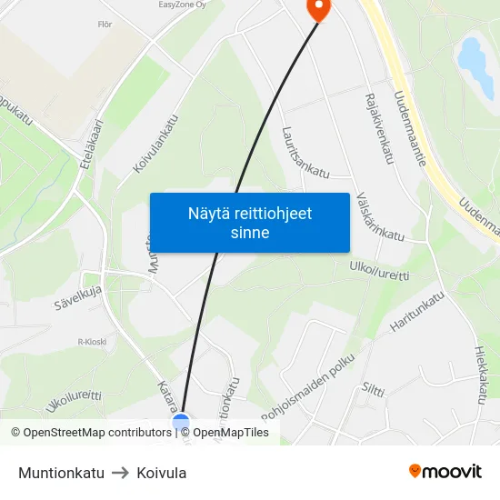 Muntionkatu to Koivula map