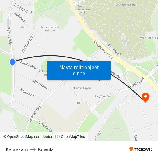 Kaurakatu to Koivula map