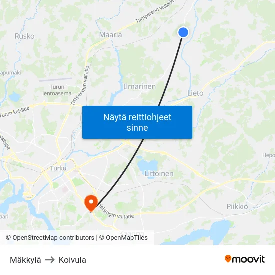 Mäkkylä to Koivula map