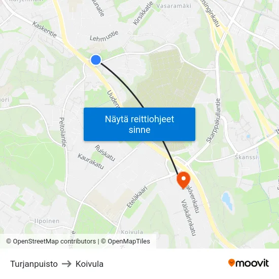 Turjanpuisto to Koivula map