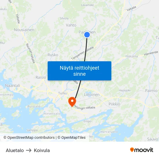 Aluetalo to Koivula map