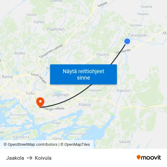 Jaakola to Koivula map
