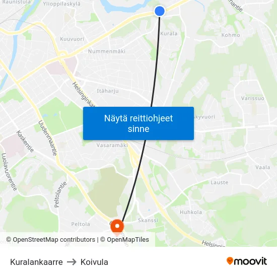 Kuralankaarre to Koivula map