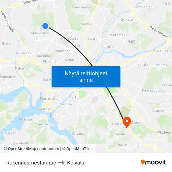 Rakennusmestarintie to Koivula map