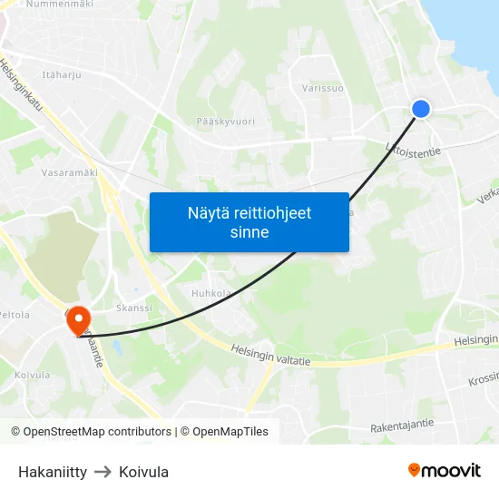 Hakaniitty to Koivula map