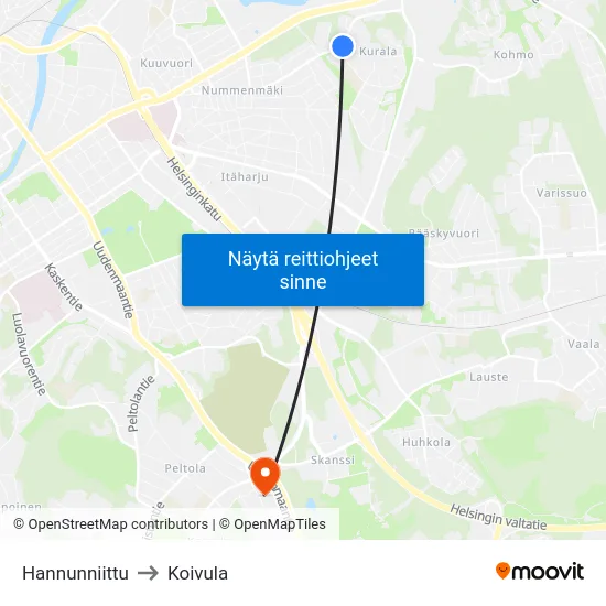 Hannunniittu to Koivula map