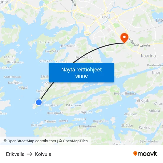Erikvalla to Koivula map