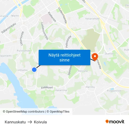 Kannuskatu to Koivula map