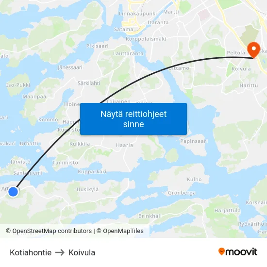 Kotiahontie to Koivula map