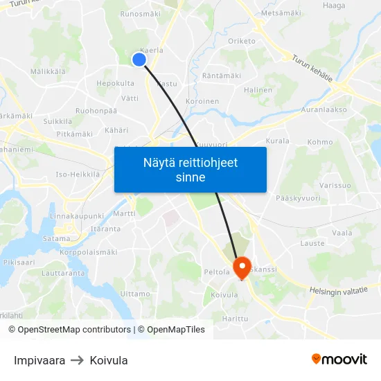 Impivaara to Koivula map