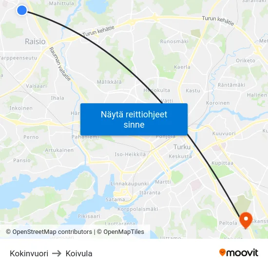 Kokinvuori to Koivula map