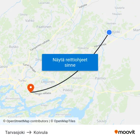 Tarvasjoki to Koivula map