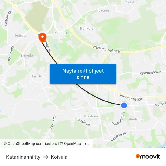 Katariinanniitty to Koivula map