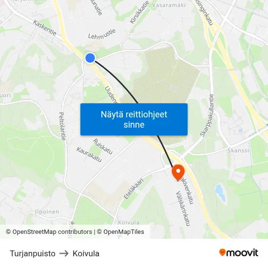 Turjanpuisto to Koivula map