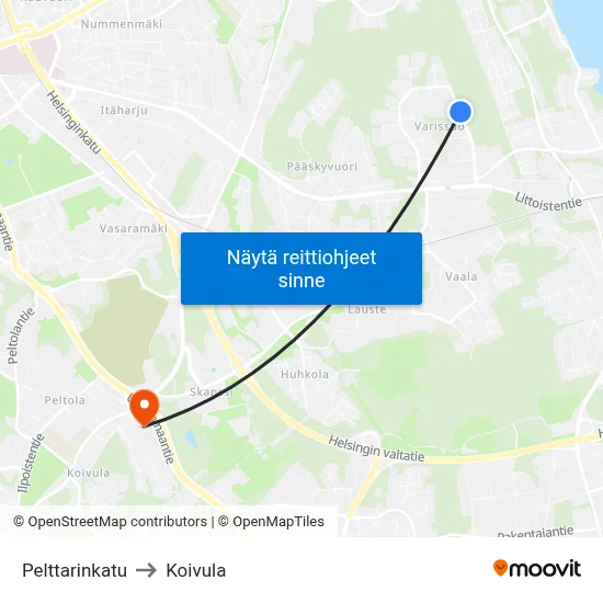 Pelttarinkatu to Koivula map
