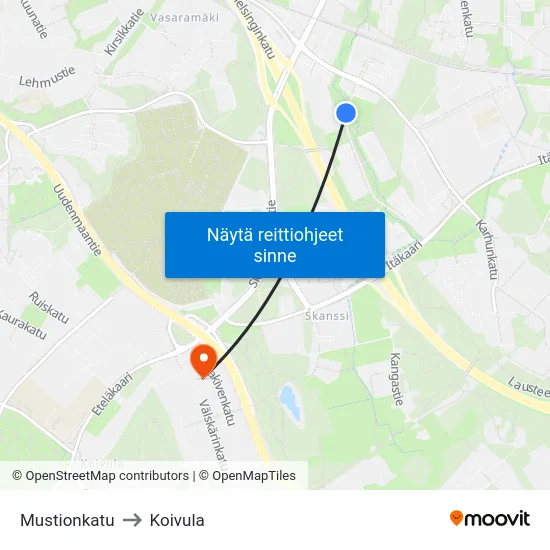 Mustionkatu to Koivula map