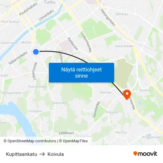 Kupittaankatu to Koivula map