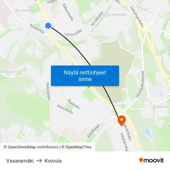 Vasaramäki to Koivula map