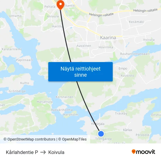 Kårlahdentie P to Koivula map