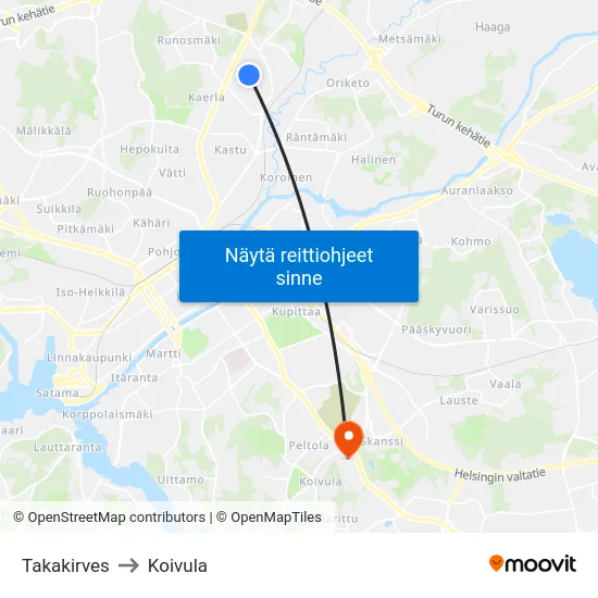 Takakirves to Koivula map