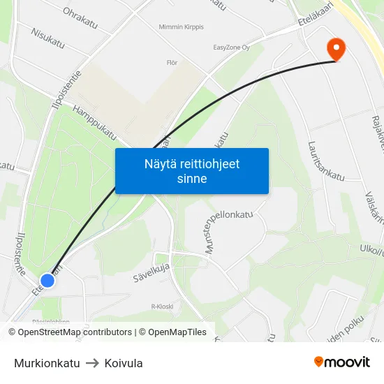 Murkionkatu to Koivula map