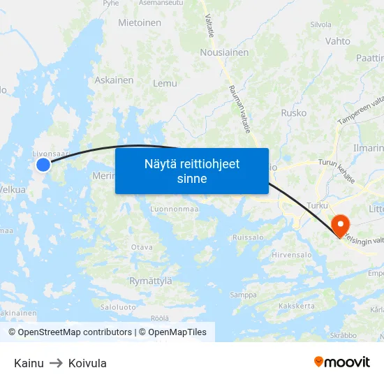 Kainu to Koivula map