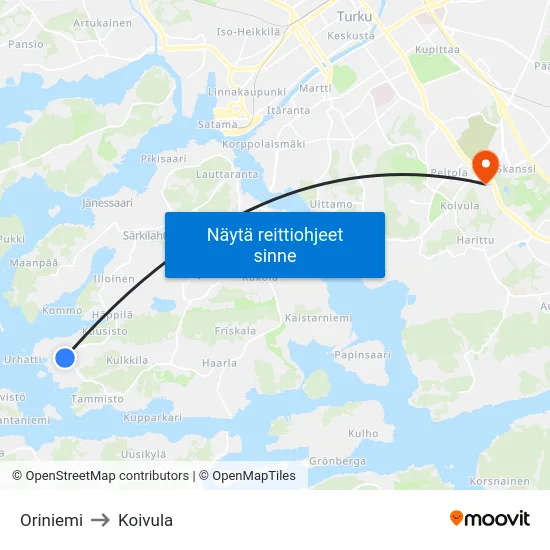 Oriniemi to Koivula map