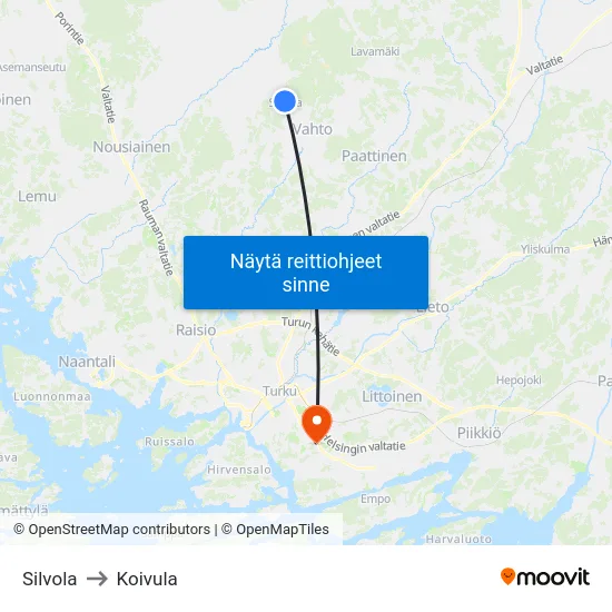 Silvola to Koivula map