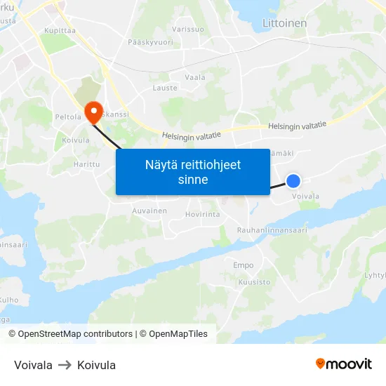 Voivala to Koivula map