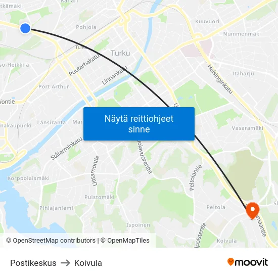Postikeskus to Koivula map