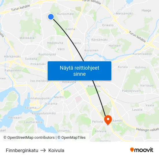Finnberginkatu to Koivula map