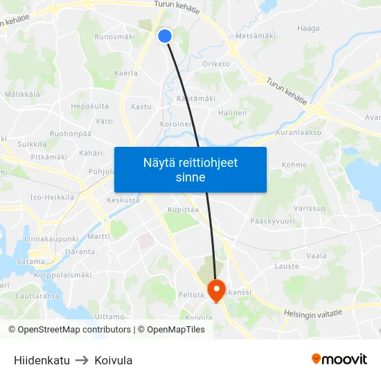 Hiidenkatu to Koivula map