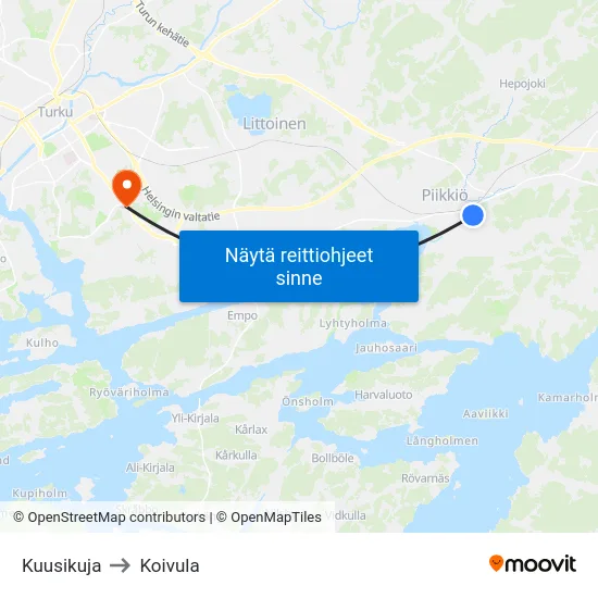 Kuusikuja to Koivula map
