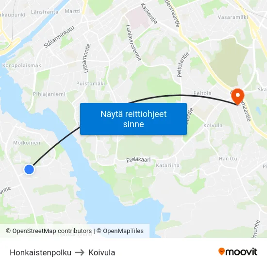 Honkaistenpolku to Koivula map