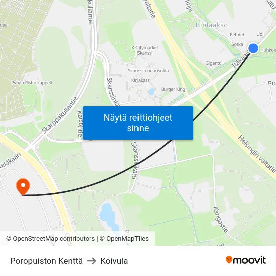 Poropuiston Kenttä to Koivula map